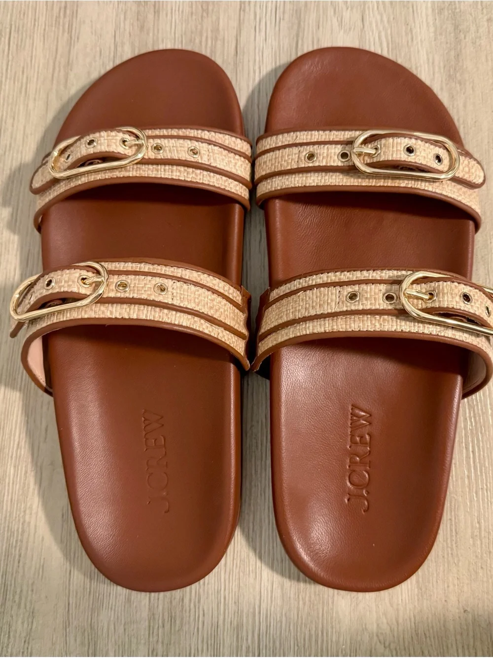 J. Crew Kira Double Strap Footbed Slides in Saddle Brown and Raffia Size 8 - NEW
